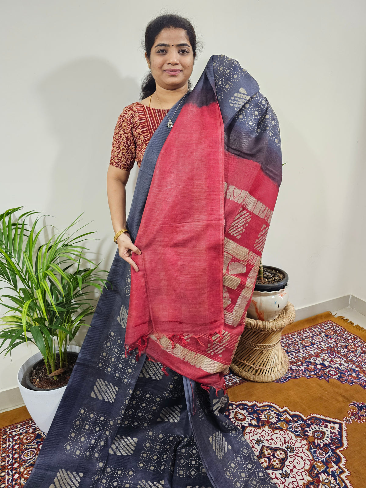 Bhagalpuri with Batik Print - Blue with Red