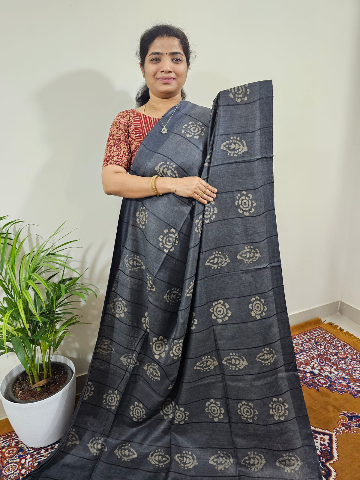 Bhagalpuri with Batik Print - Grey with Peacock Blue