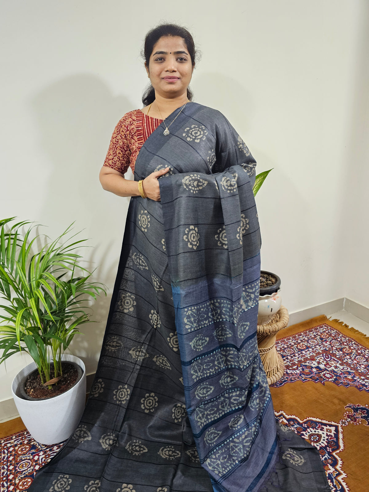 Bhagalpuri with Batik Print - Grey with Peacock Blue