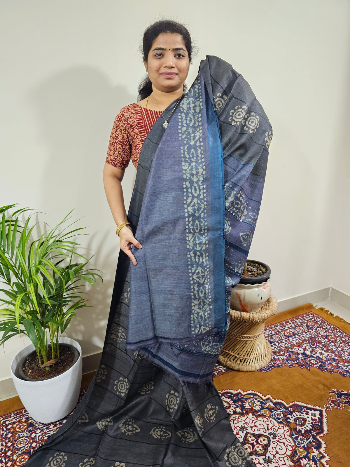 Bhagalpuri with Batik Print - Grey with Peacock Blue