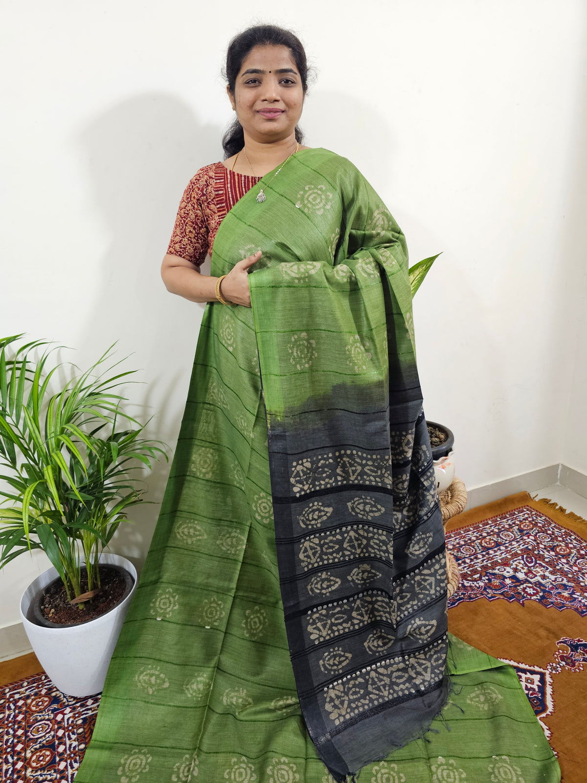 Bhagalpuri with Batik Print - Green with Grey