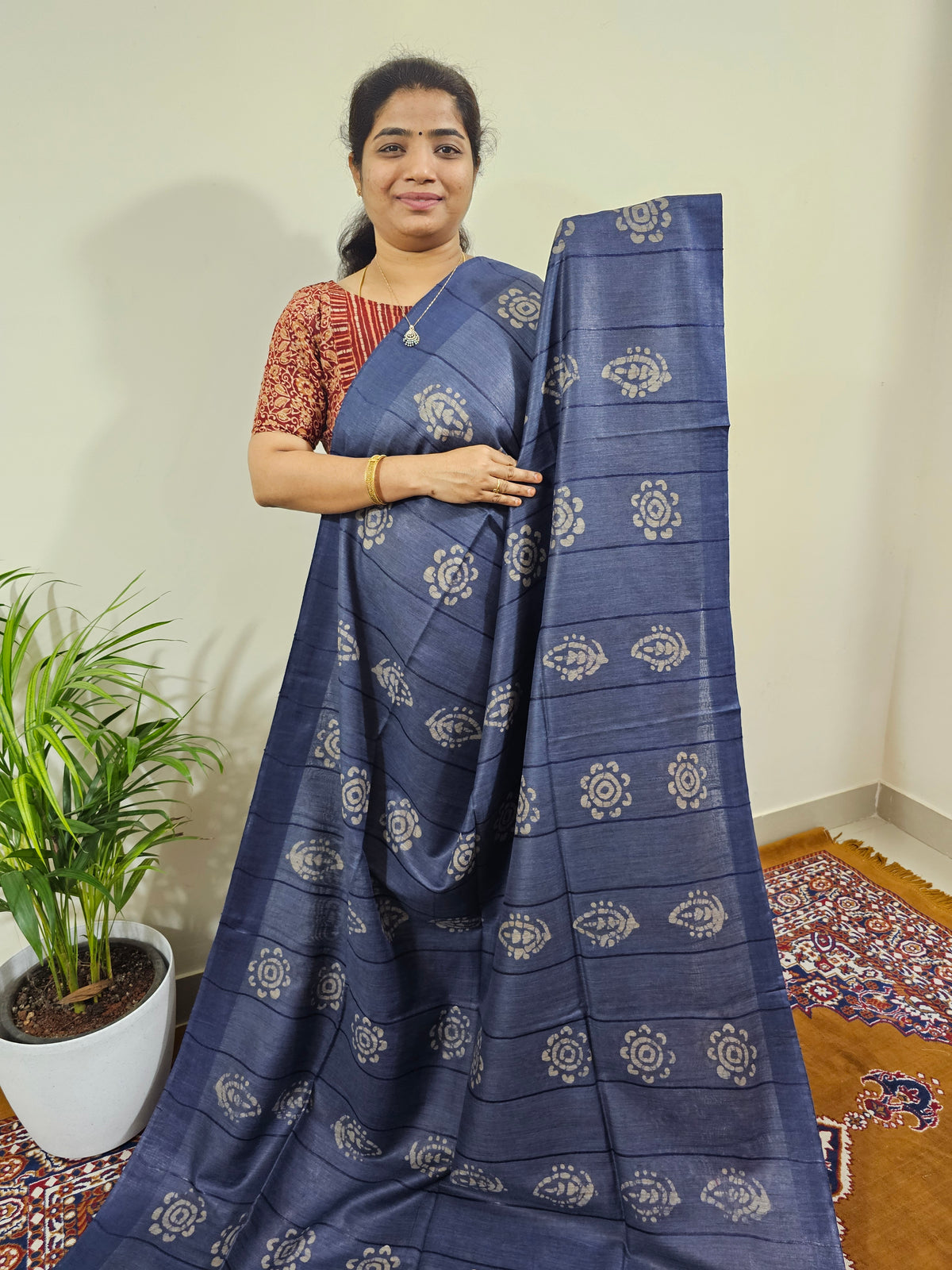 Bhagalpuri with Batik Print - Blue with Pink