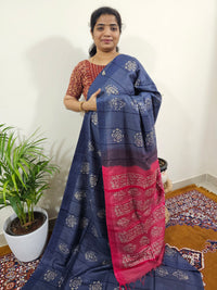 Bhagalpuri with Batik Print - Blue with Pink