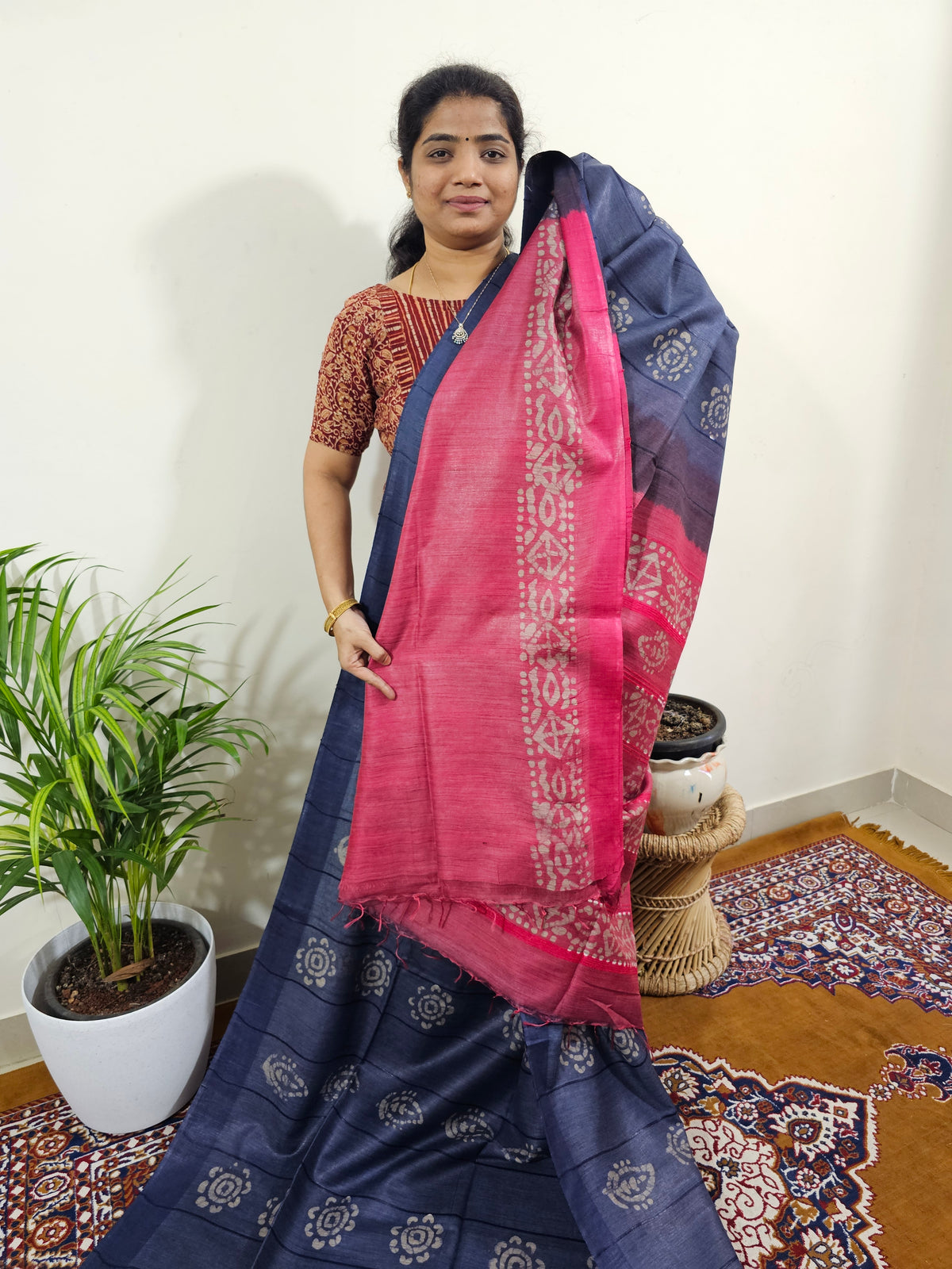 Bhagalpuri with Batik Print - Blue with Pink