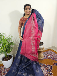 Bhagalpuri with Batik Print - Blue with Pink