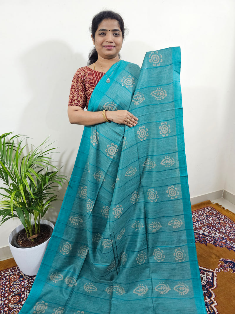 Bhagalpuri with Batik Print - Sea Green with Blue