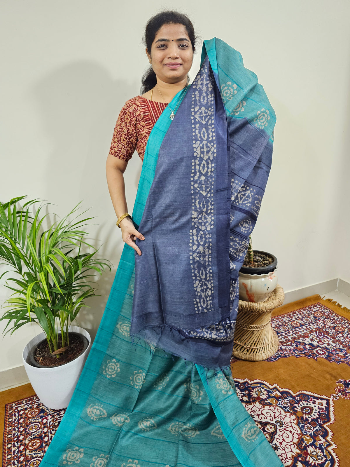 Bhagalpuri with Batik Print - Sea Green with Blue