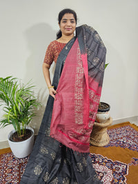 Bhagalpuri with Batik Print - Grey with Red