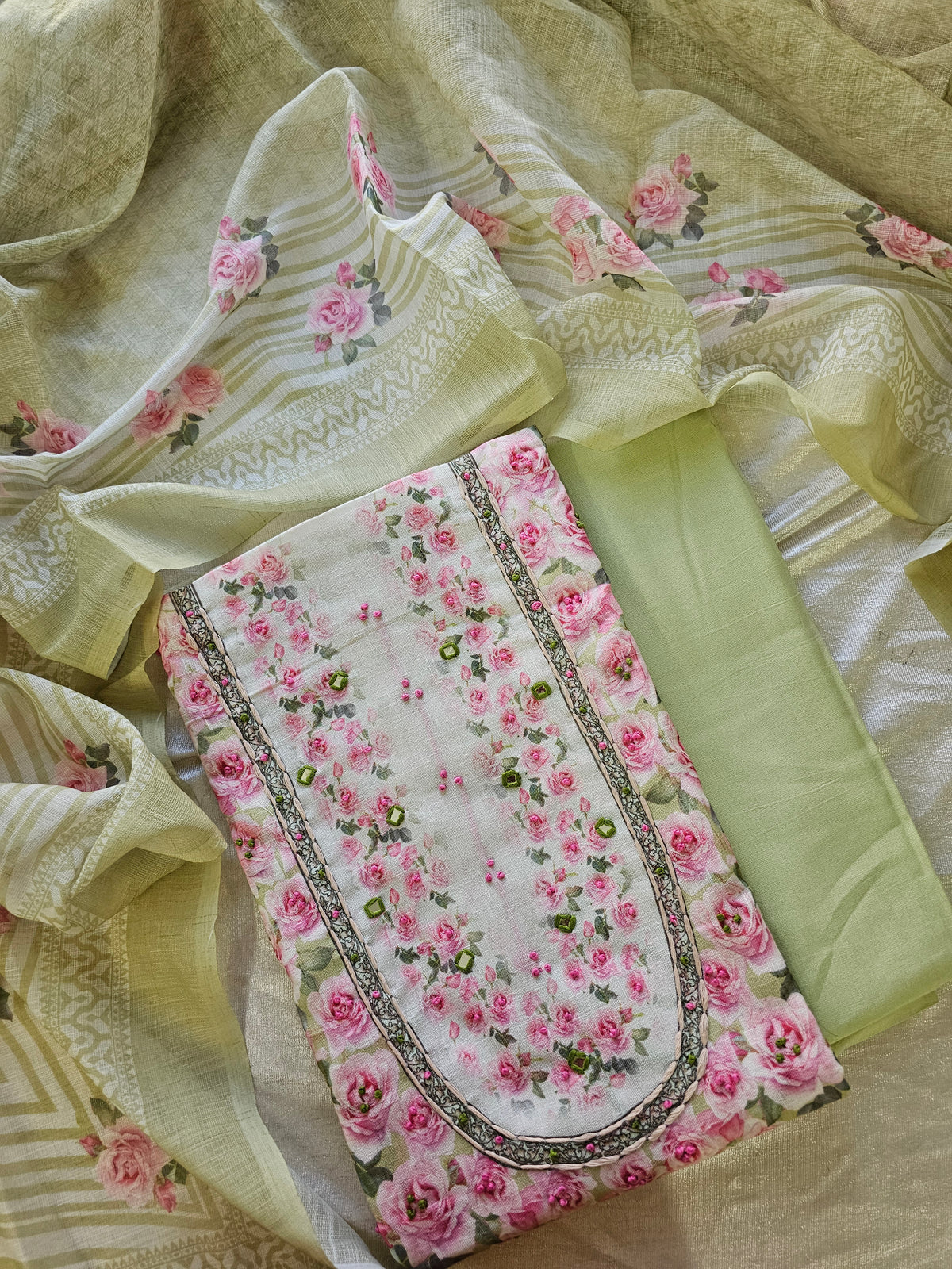 Linen Cotton Unstitched Salwar Suit  - Green with Pink