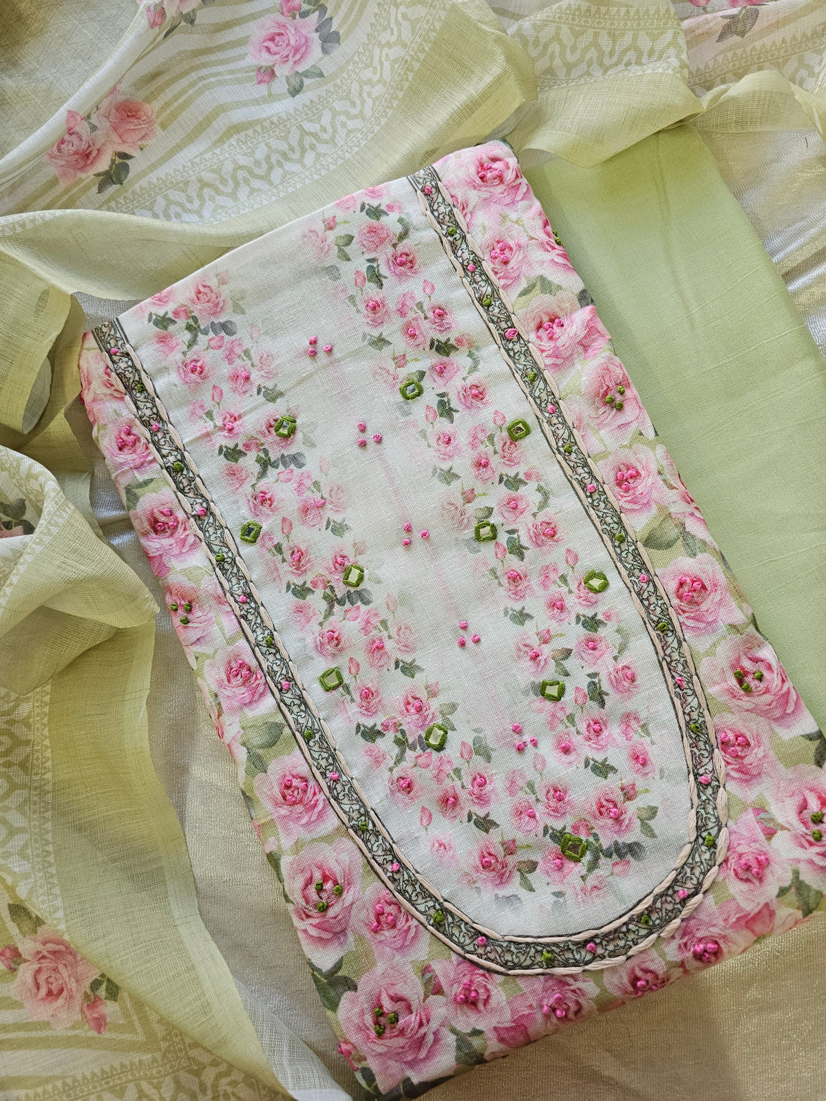 Linen Cotton Unstitched Salwar Suit  - Green with Pink