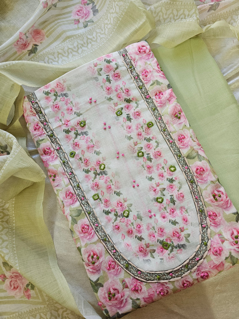 Linen Cotton Unstitched Salwar Suit  - Green with Pink