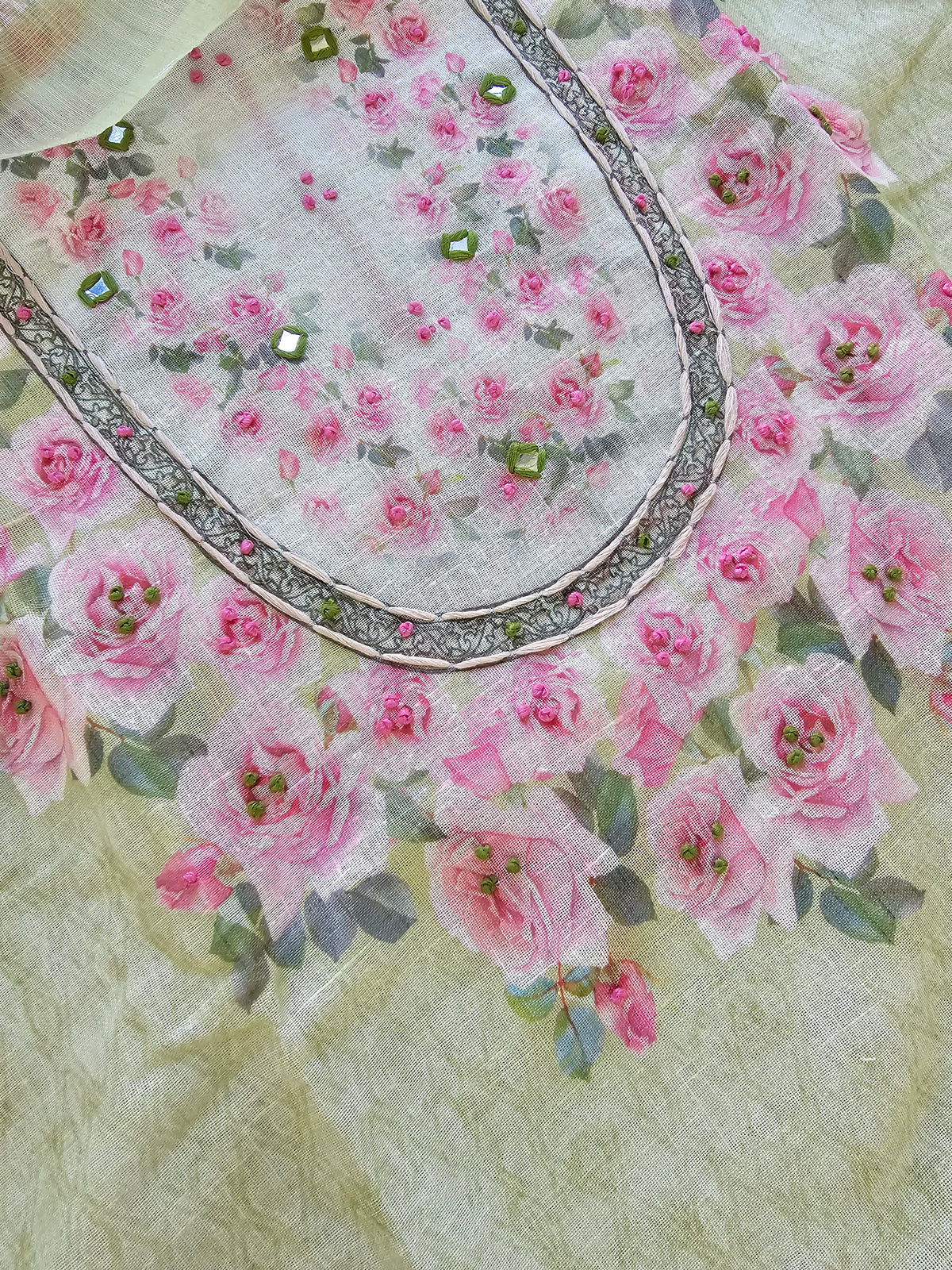 Linen Cotton Unstitched Salwar Suit  - Green with Pink