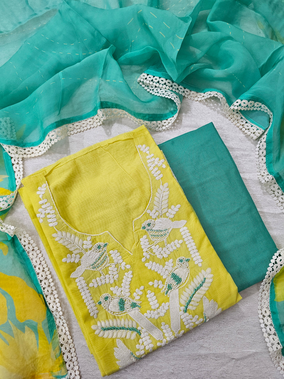 Soft Silk Unstitched Salwar Suit  - Yellow with Sea Green