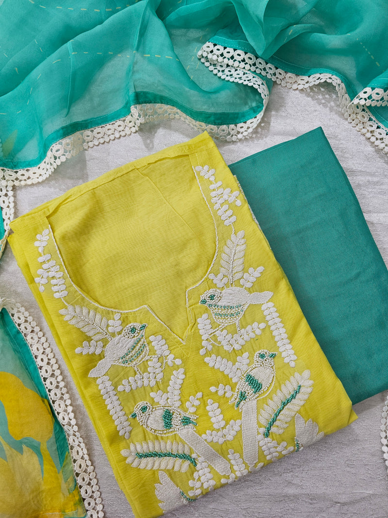 Soft Silk Unstitched Salwar Suit  - Yellow with Sea Green