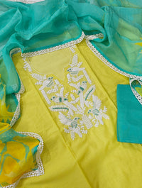 Soft Silk Unstitched Salwar Suit  - Yellow with Sea Green