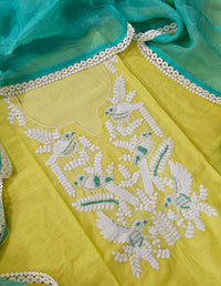 Soft Silk Unstitched Salwar Suit  - Yellow with Sea Green