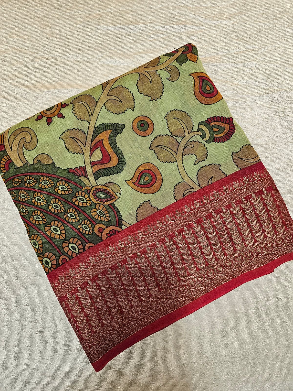 Pure Chanderi Butter Silk - Green with Red
