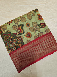 Pure Chanderi Butter Silk - Green with Red