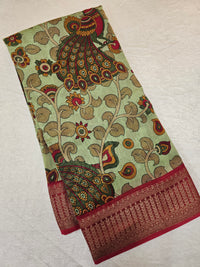 Pure Chanderi Butter Silk - Green with Red