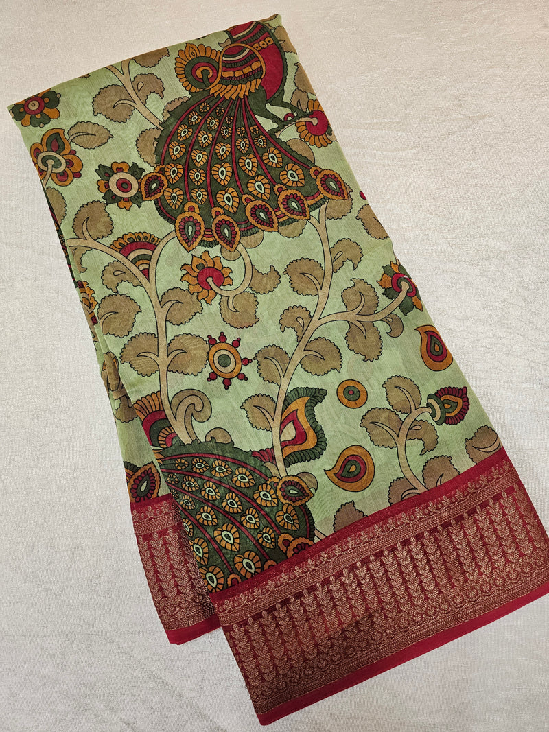 Pure Chanderi Butter Silk - Green with Red