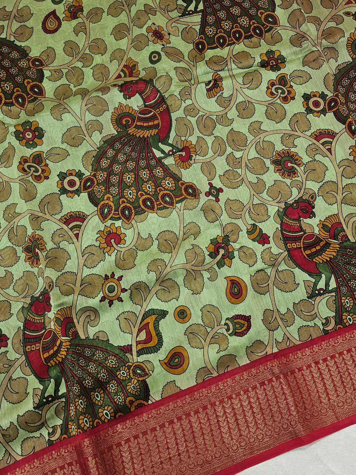 Pure Chanderi Butter Silk - Green with Red