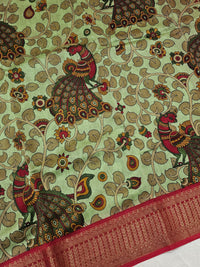 Pure Chanderi Butter Silk - Green with Red