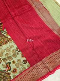 Pure Chanderi Butter Silk - Green with Red