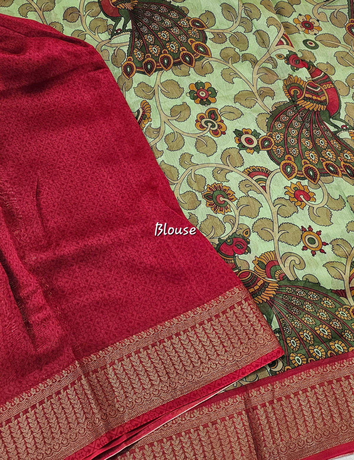 Pure Chanderi Butter Silk - Green with Red