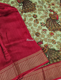 Pure Chanderi Butter Silk - Green with Red