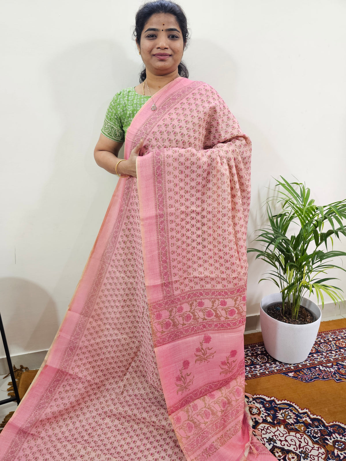 Linen Tissue with Digital Printed Sarees - Peachish Pink