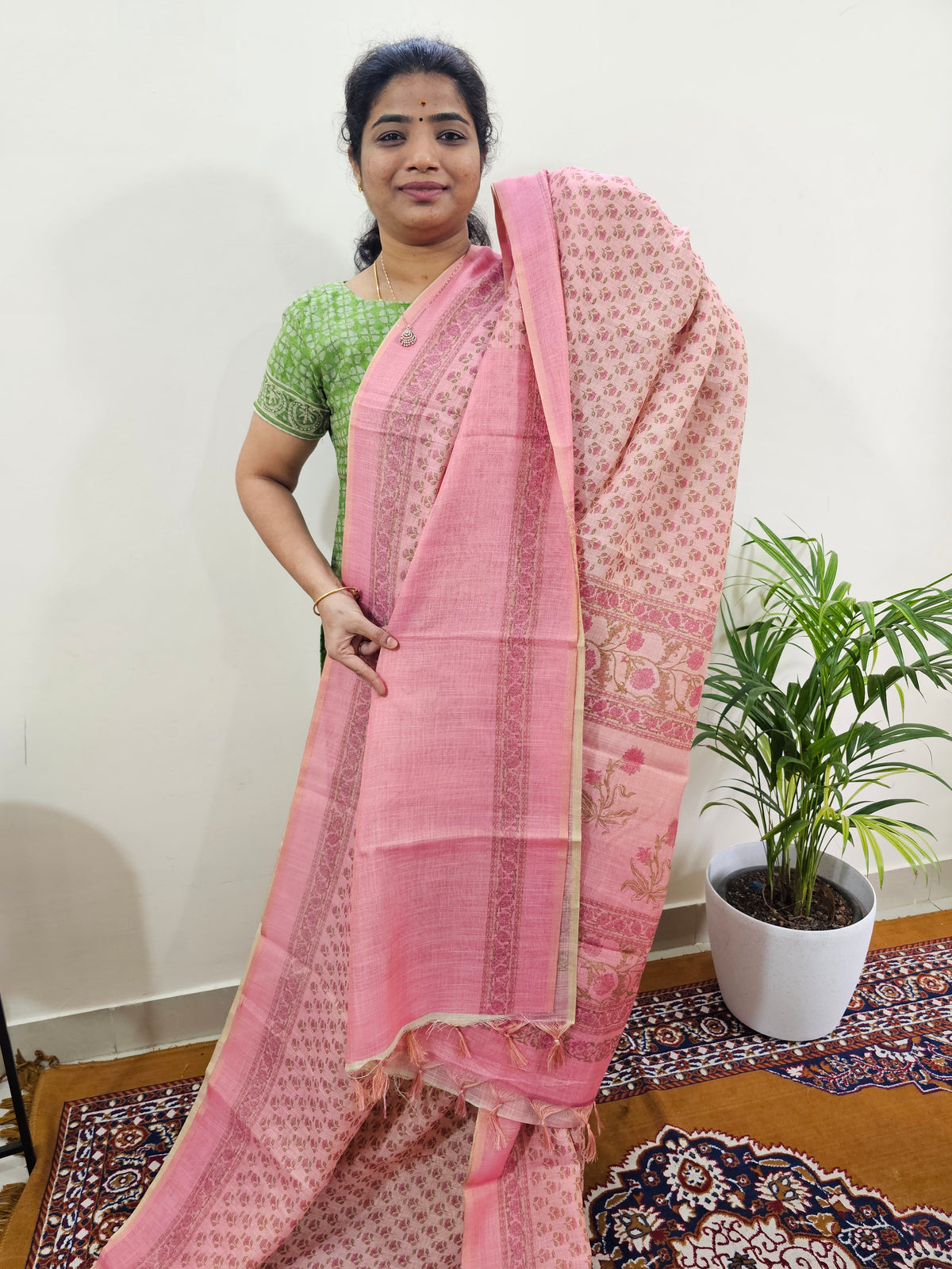 Linen Tissue with Digital Printed Sarees - Peachish Pink