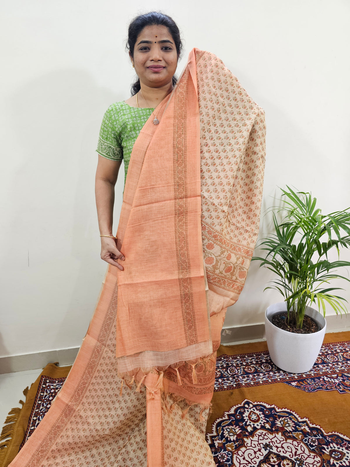 Linen Tissue with Digital Printed Sarees - Orange
