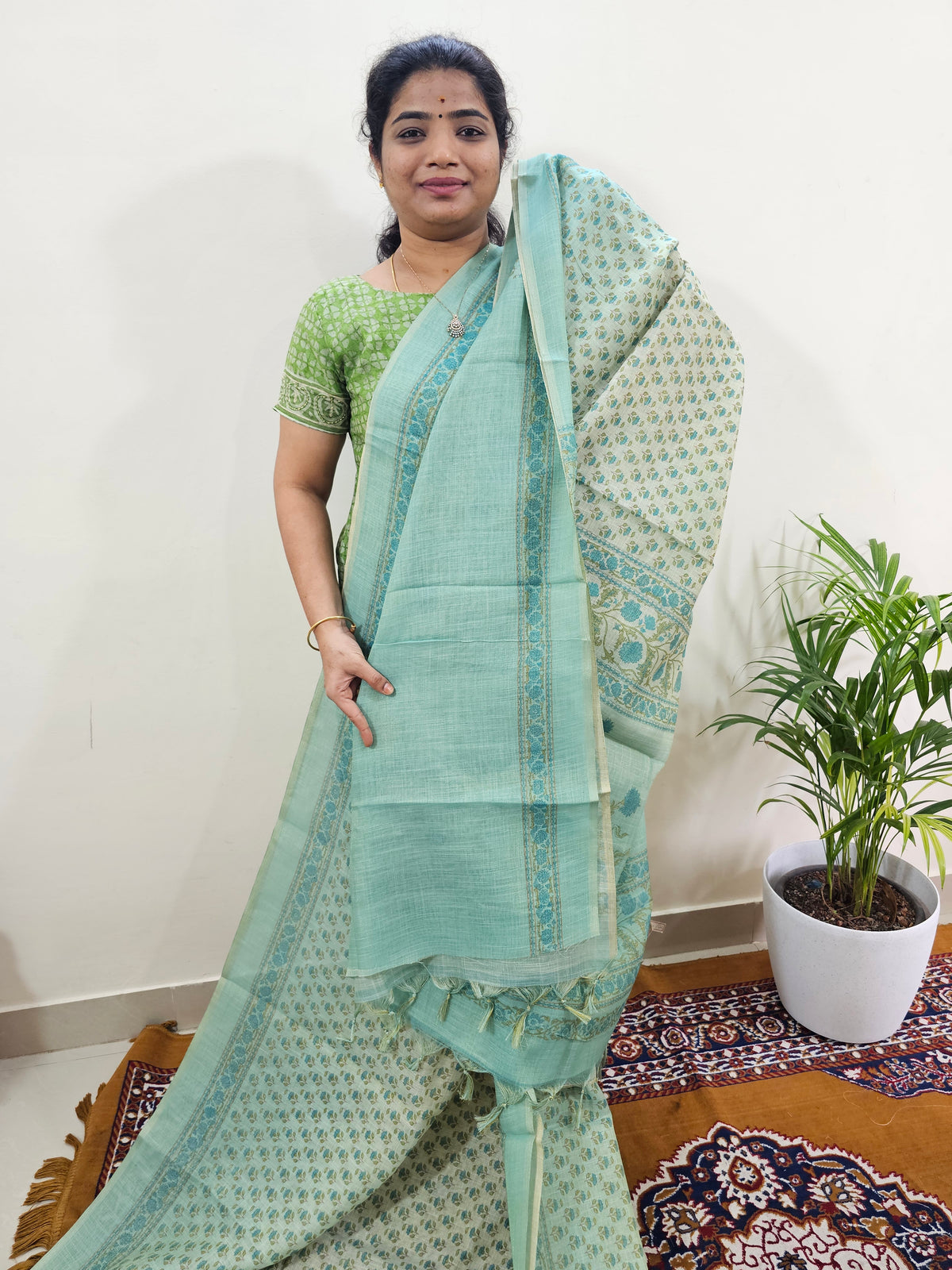 Linen Tissue with Digital Printed Sarees - Sea Green