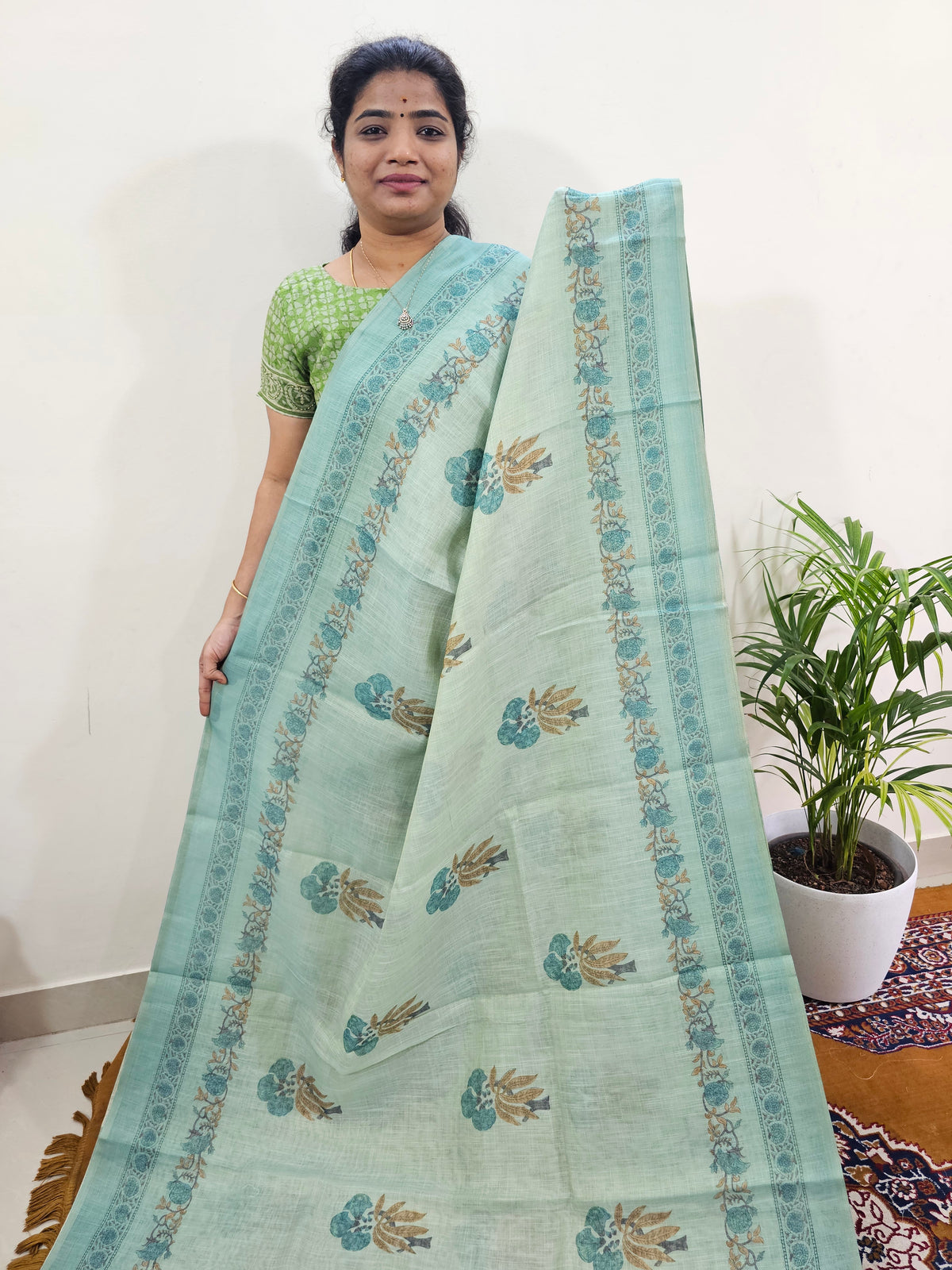 Linen Tissue with Digital Printed Sarees - Sea Green
