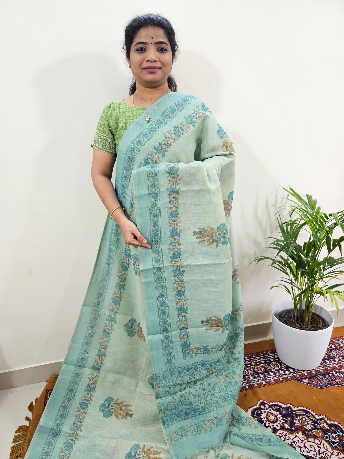 Linen Tissue with Digital Printed Sarees - Sea Green
