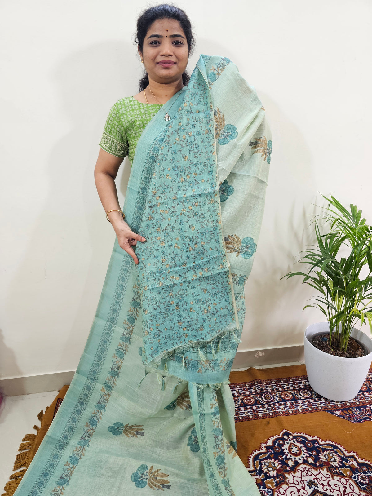 Linen Tissue with Digital Printed Sarees - Sea Green