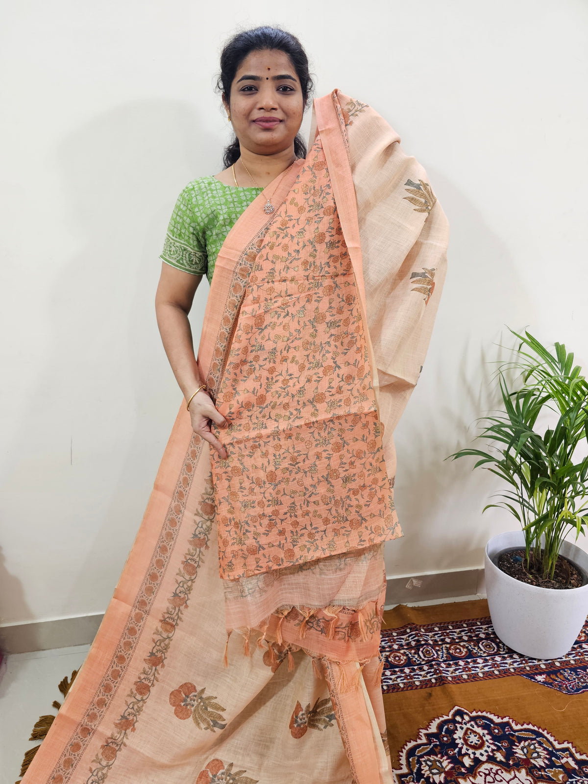 Linen Tissue with Digital Printed Sarees - Orange