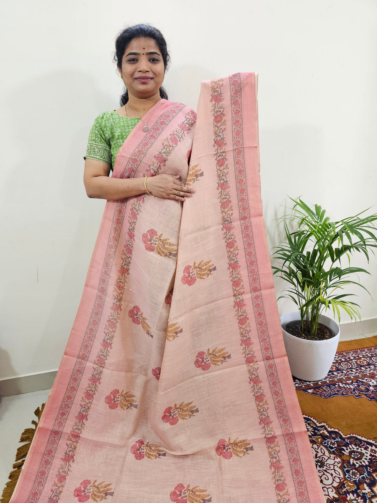Linen Tissue with Digital Printed Sarees - Peachish Pink