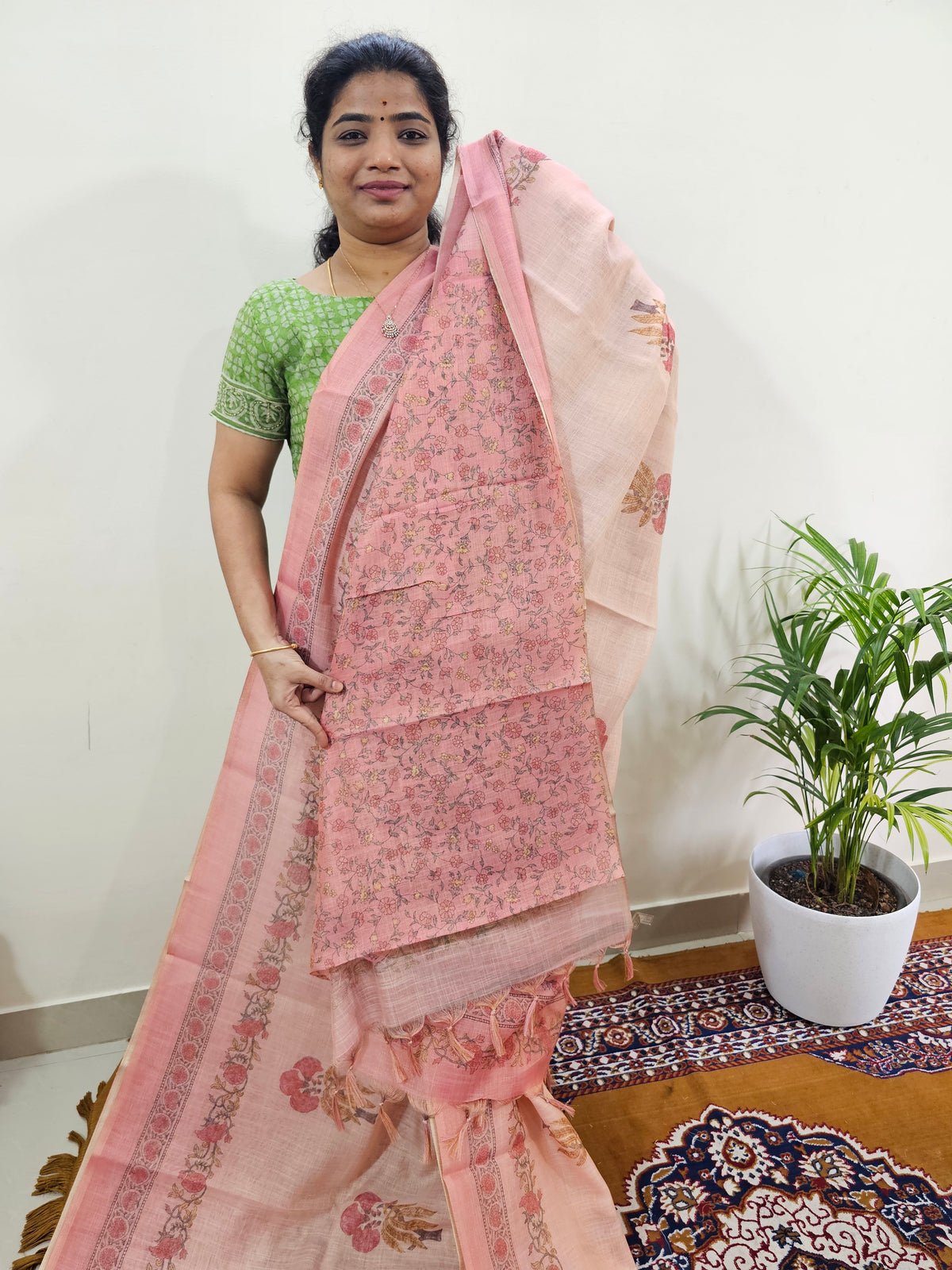 Linen Tissue with Digital Printed Sarees - Peachish Pink