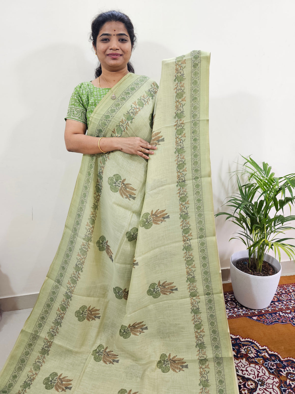 Linen Tissue with Digital Printed Sarees - Green