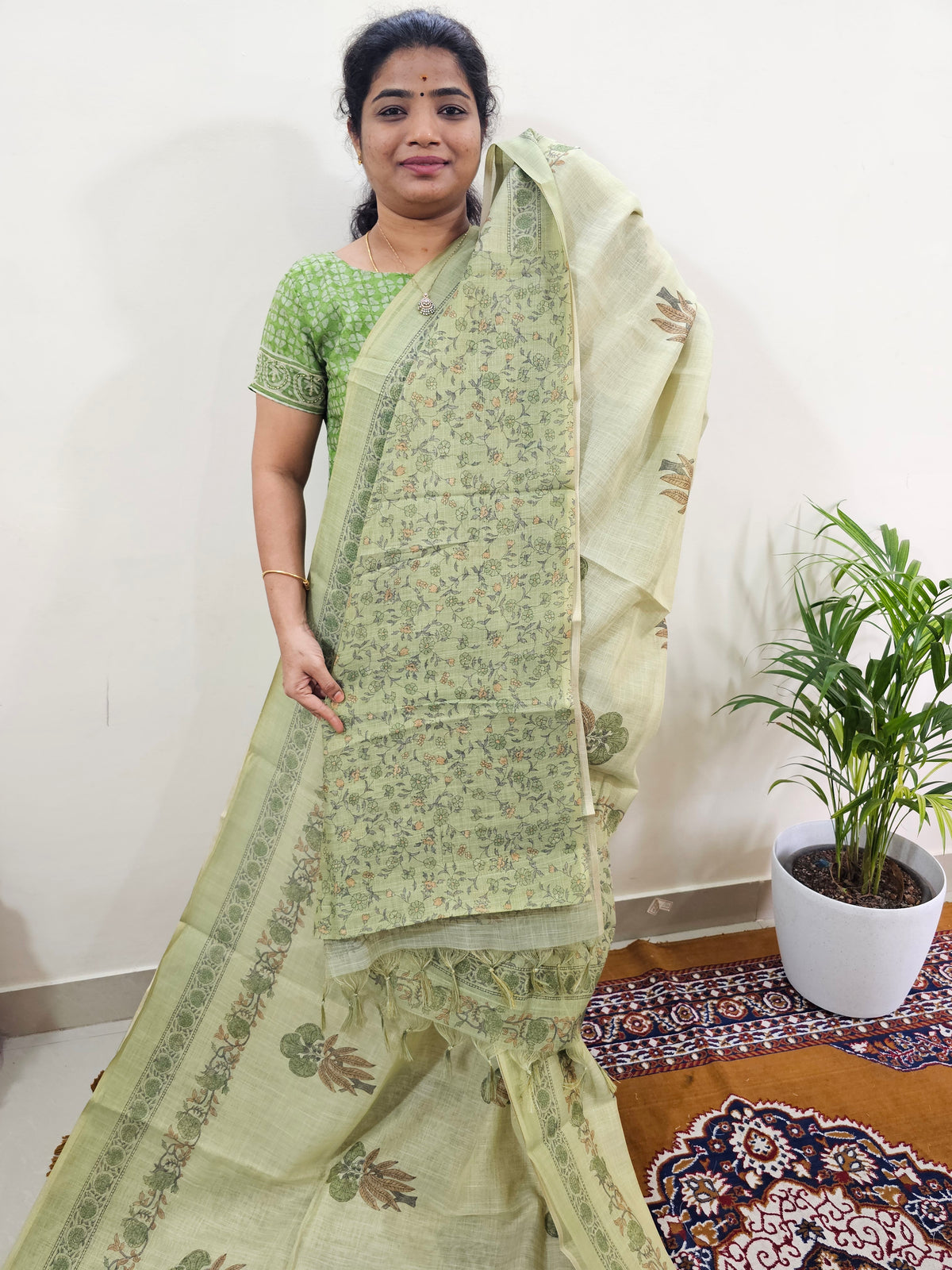 Linen Tissue with Digital Printed Sarees - Green