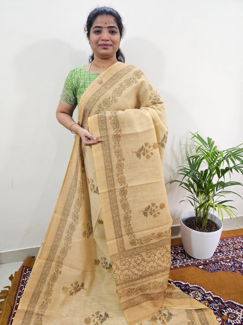 Linen Tissue with Digital Printed Sarees - Mustard