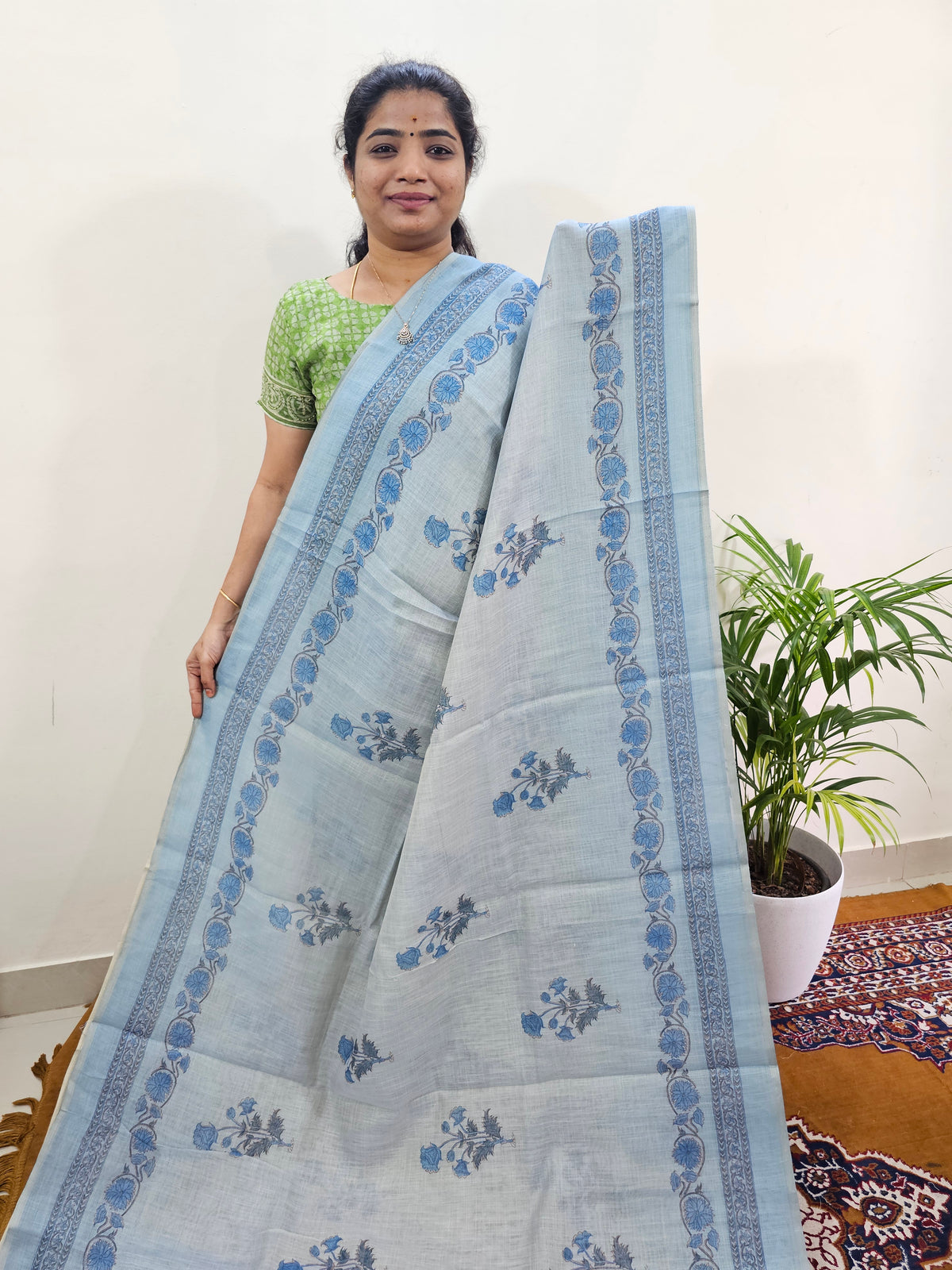 Linen Tissue with Digital Printed Sarees - Blue