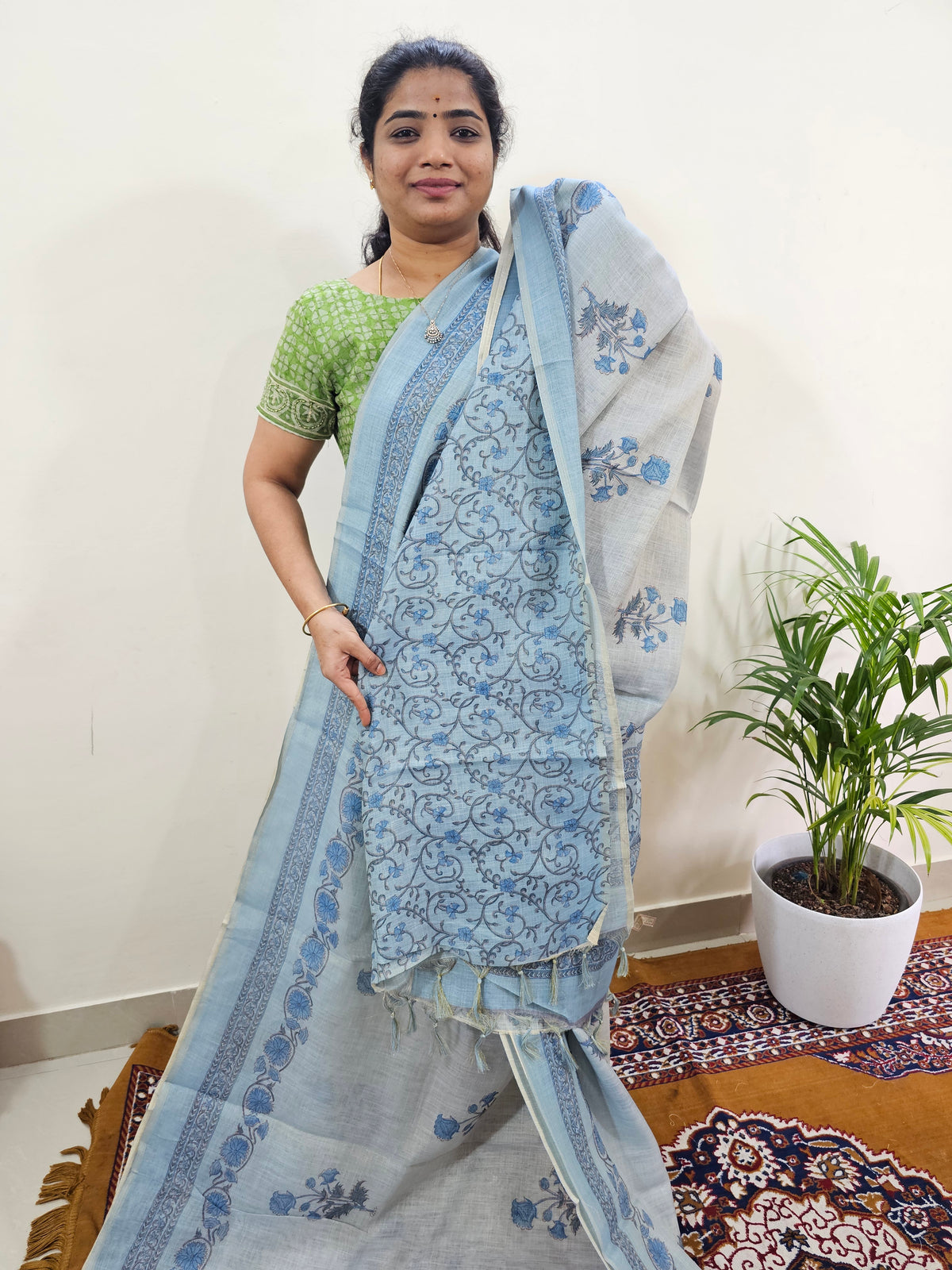 Linen Tissue with Digital Printed Sarees - Blue
