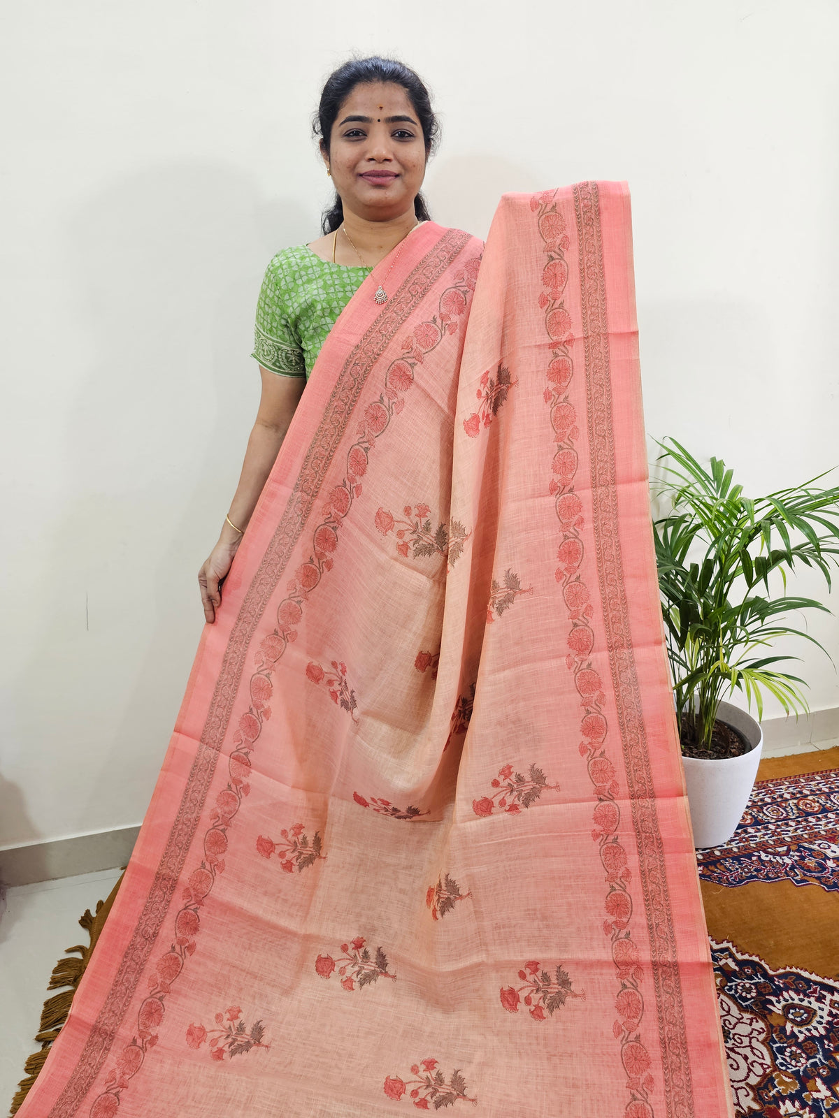 Linen Tissue with Digital Printed Sarees - Peach