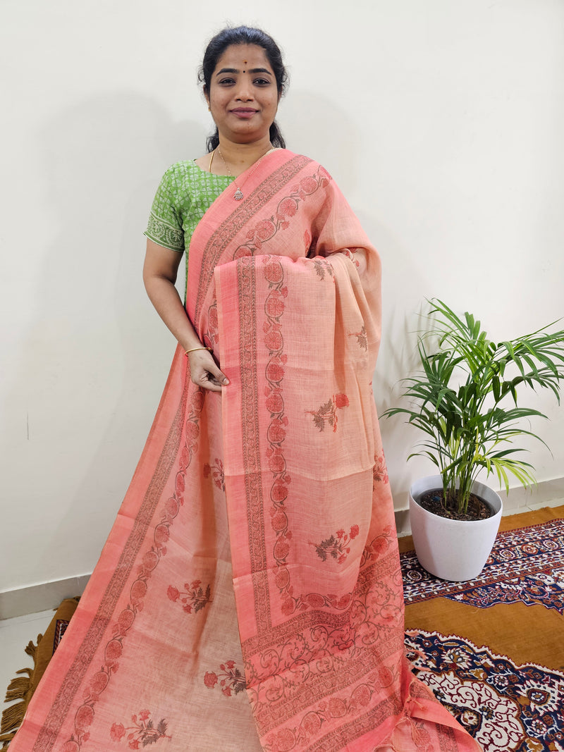 Linen Tissue with Digital Printed Sarees - Peach