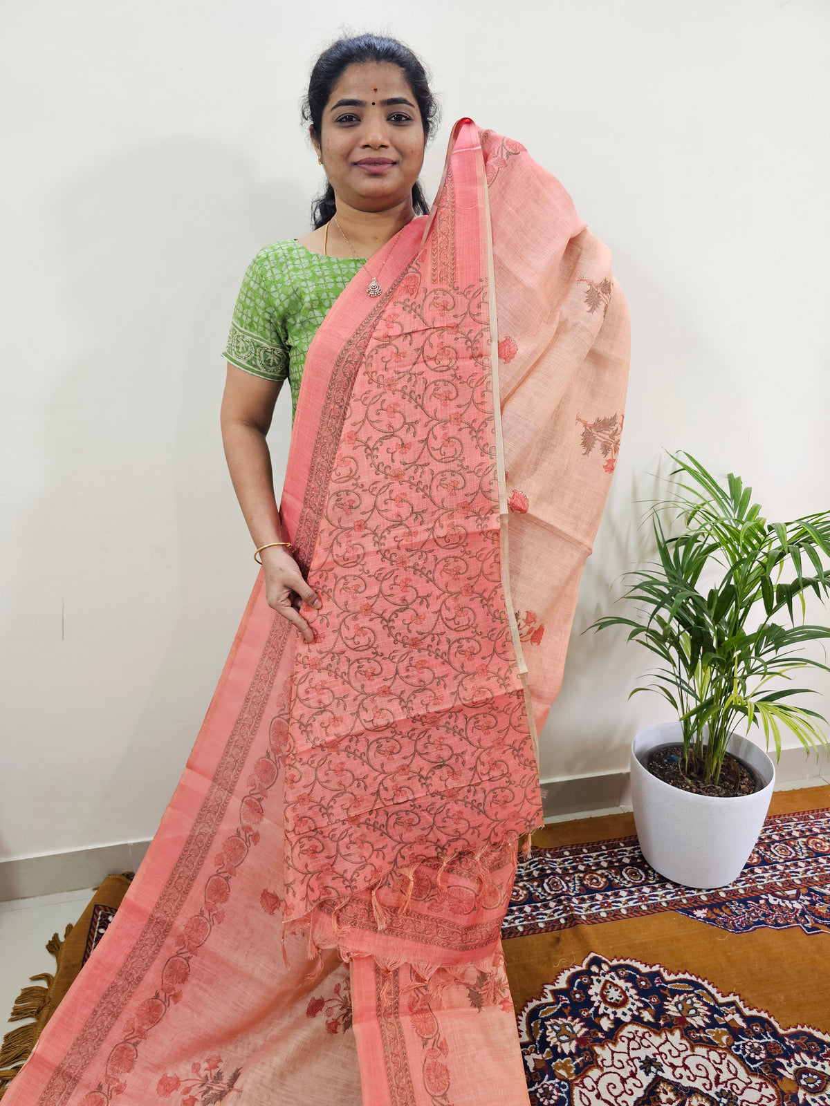 Linen Tissue with Digital Printed Sarees - Peach