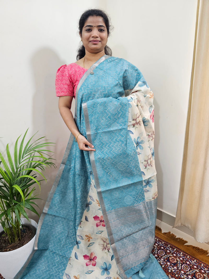 Soft Semi Tussar Zari Weaving  Border - Blue