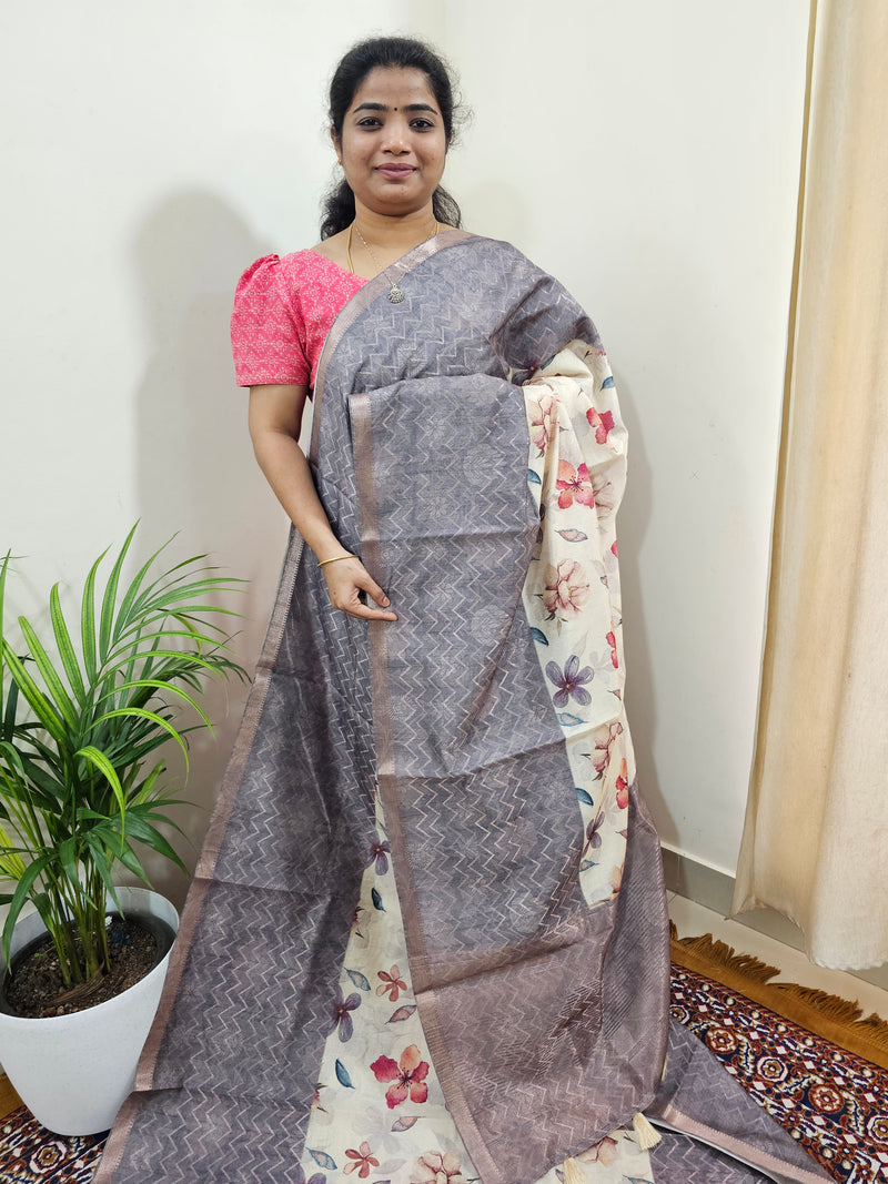 Soft Semi Tussar Zari Weaving  Border - Grey