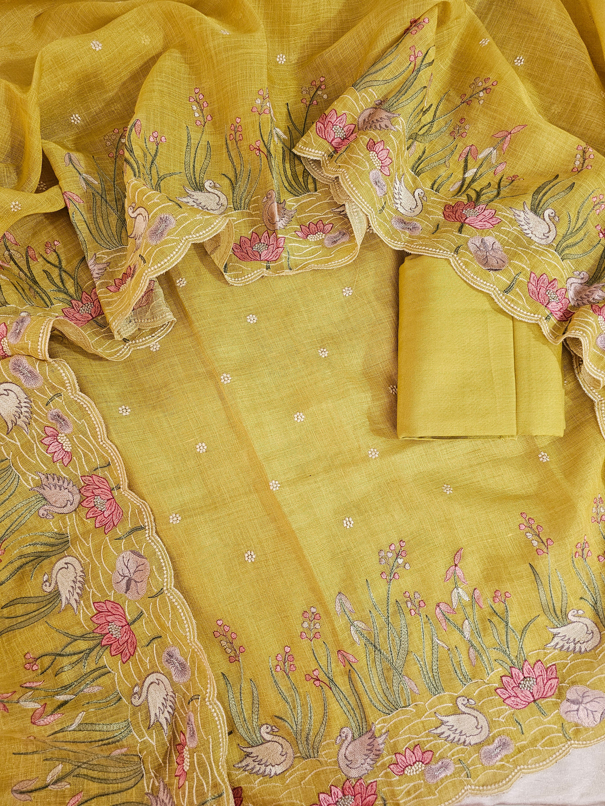 Linen Tissue Unstitched Salwar Suit  -  Yellow